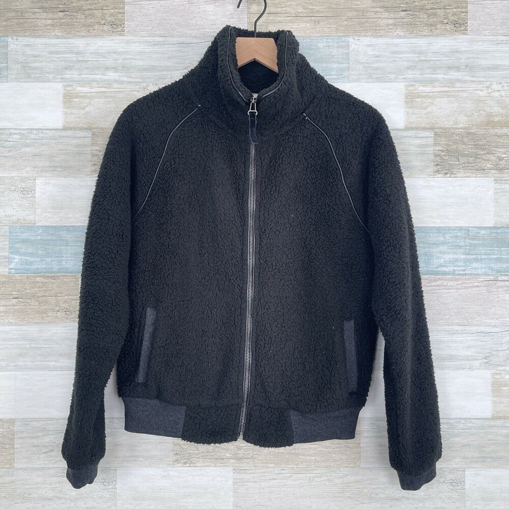 American Eagle Fluffy Fleece Zip Jacket Black Mock Neck Pockets Womens Medium